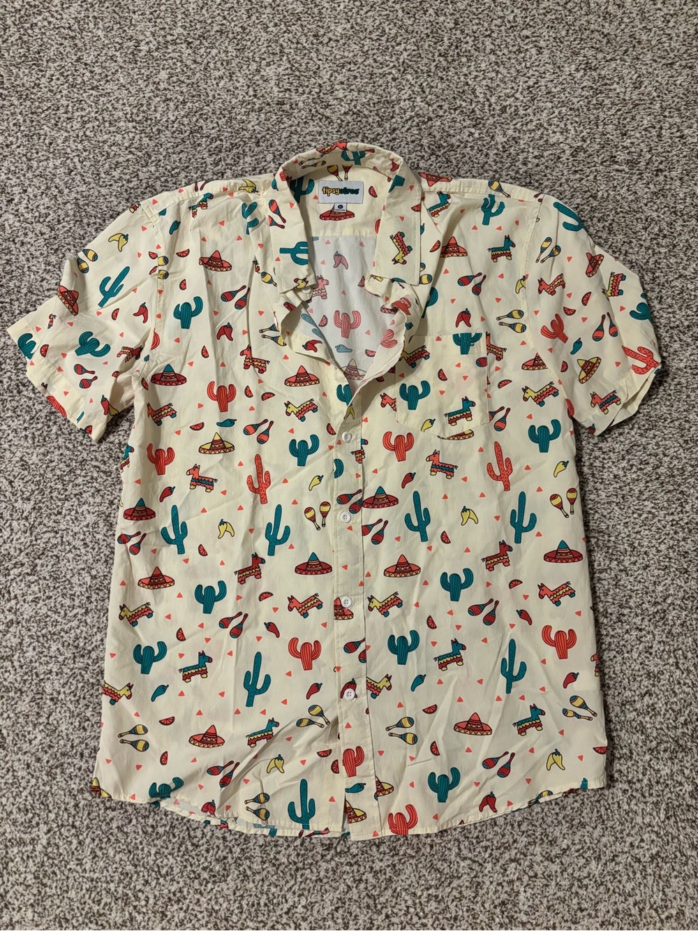 Tipsy Elves Cream Short-Sleeve Button-Up Shirt with Teal & Red Print